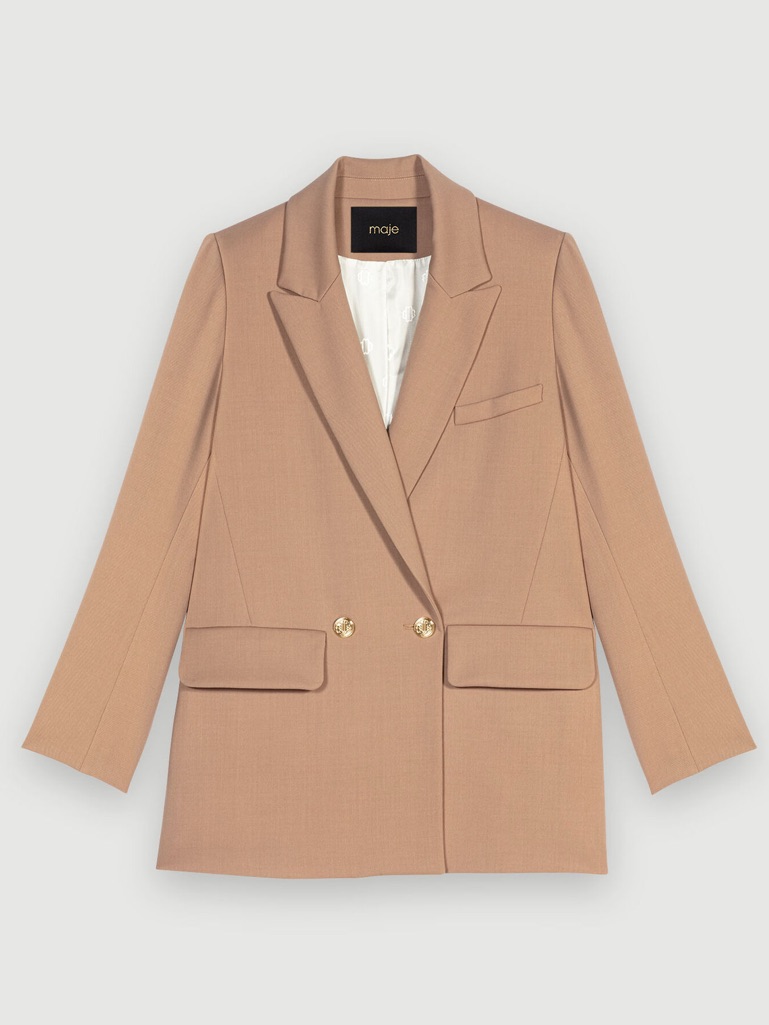 Maje Double-Breasted Tan Blazer With Gold Buttons - Fr 40
